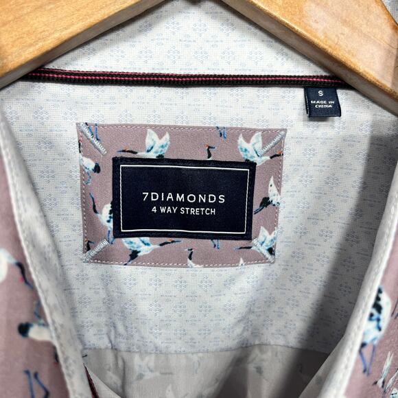 7Diamonds Shirt 4 Way Stretch Lavender Bird Print Short Sleeve Preppy Dressy S - Picture 5 of 7